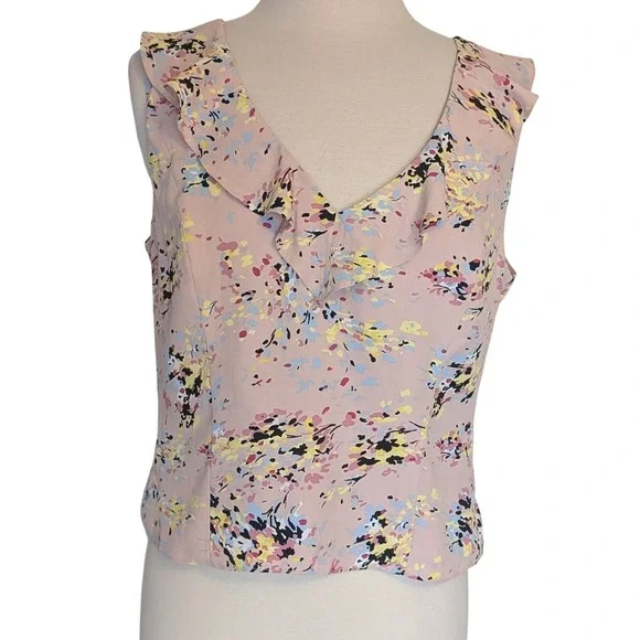 WHBM Floral Ruffle Blouse Pink Sleeveless V Neck Top Size 12 NWT Fairy Feminine - Picture 2 of 11